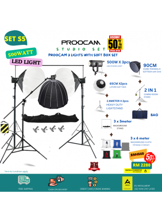  Proocam kb-1210 Studio Lighting 500W LED 1 PAIR Softbox 60x90cm 1 Set 90cm Dome Parabolic Softbox Grid Boom Stand Background Support Backdrop Cloth (SETS5)